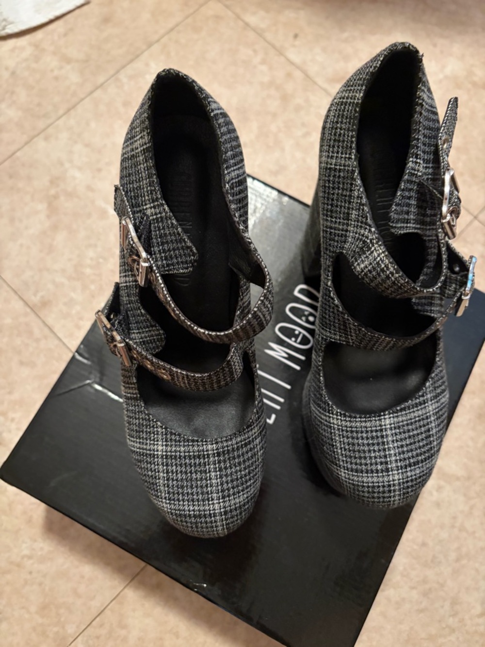 Current Mood Grey Plaid Mary Jane Heels with Dual Buckles